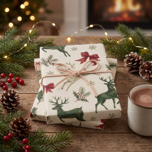 Watercolor Reindeer Evergreen Holly Vintage Sleds Wrapping Paper Sheets
