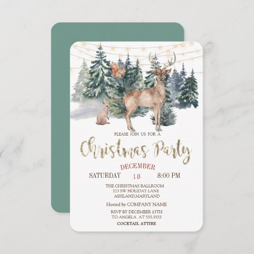 Watercolor  ReindeerForest Christmas Party   Invitation