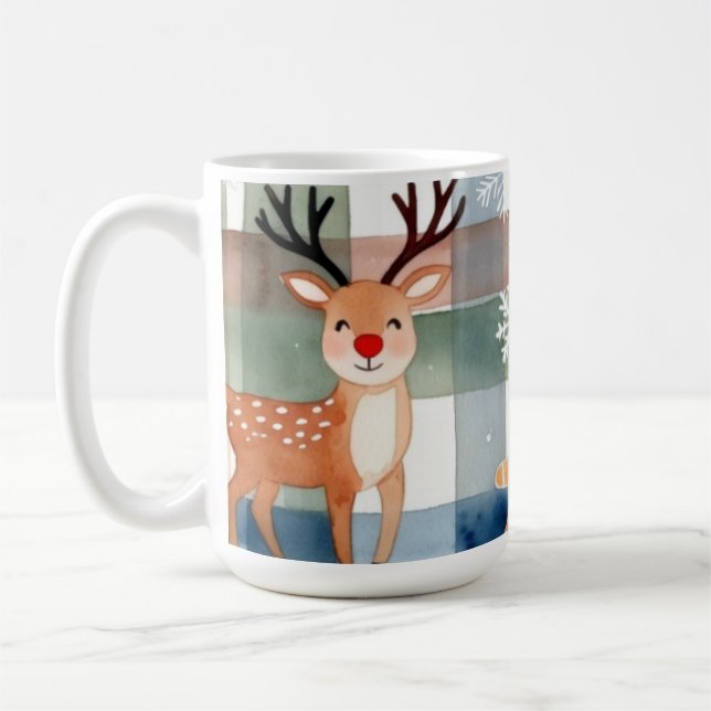 Watercolor Reindeer Gingerbread Man Snowflake Tree Coffee Mug (Left)