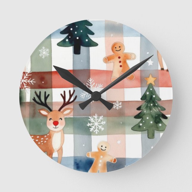 Watercolor Reindeer Gingerbread Man Snowflake Tree Round Clock (Front)
