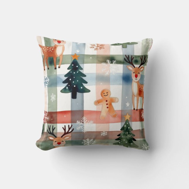 Watercolor Reindeer Gingerbread Man Snowflake Tree Throw Pillow (Front)