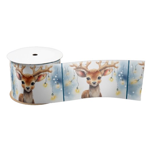 Watercolor Reindeer In Holiday Lights Satin Ribbon