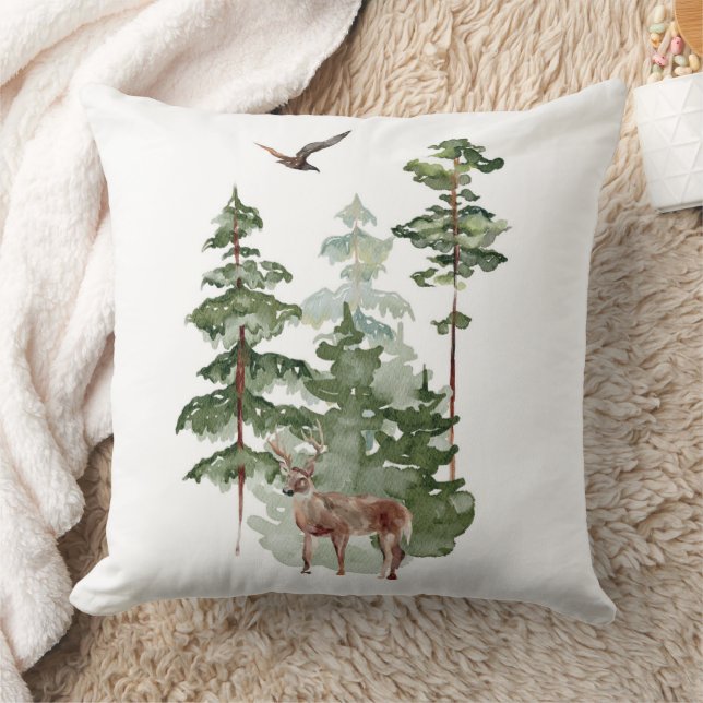 Watercolor Reindeer in Winter Forest Christmas Throw Pillow (Blanket)