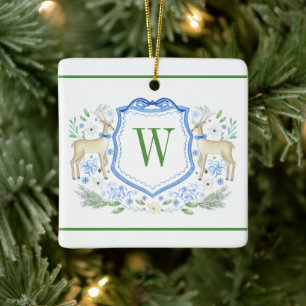 Watercolor Reindeer Monogram Crest Christmas Ceramic Ornament