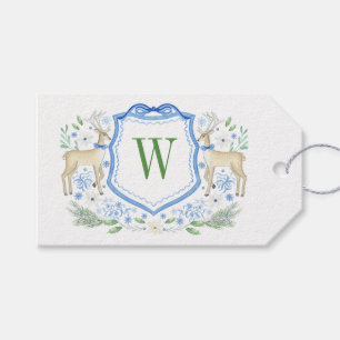 Watercolor Reindeer Monogram Crest Christmas Gift Tags