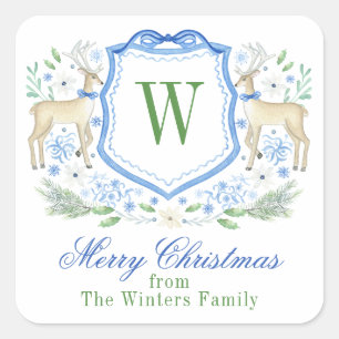Watercolor Reindeer Monogram Crest Christmas Square Sticker