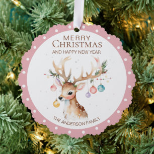 Watercolor Reindeer Pink Christmas Ornament Card
