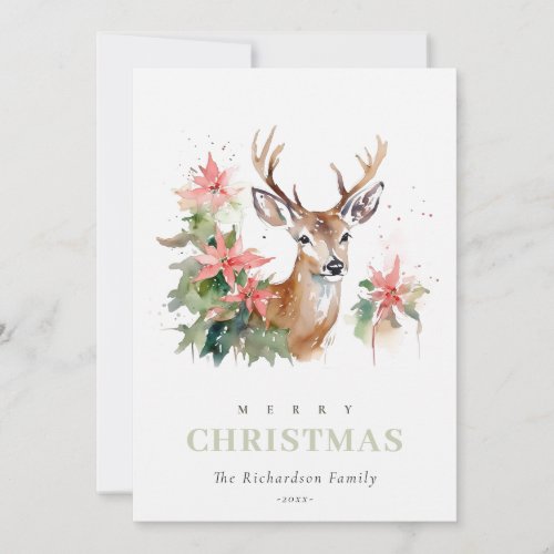 Watercolor Reindeer Poinsettia Christmas Foliage Holiday Card