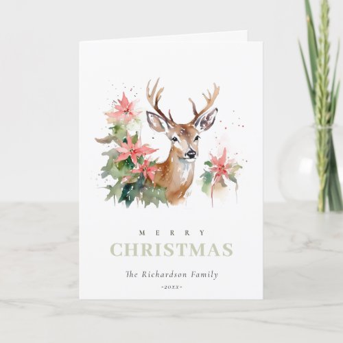 Watercolor Reindeer Poinsettia Christmas Foliage Holiday Card