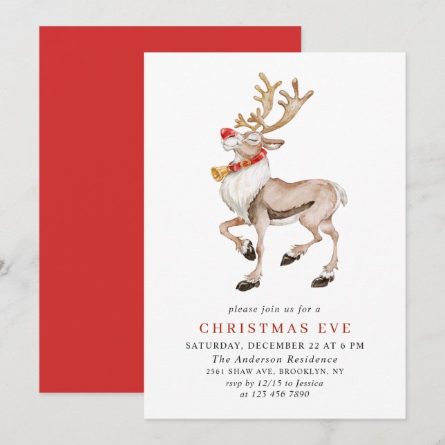 Watercolor Reindeer Rudolf HOLIDAY CHRISTMAS EVE Invitation (Front/Back)