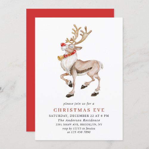 Watercolor Reindeer Rudolf HOLIDAY CHRISTMAS EVE Invitation