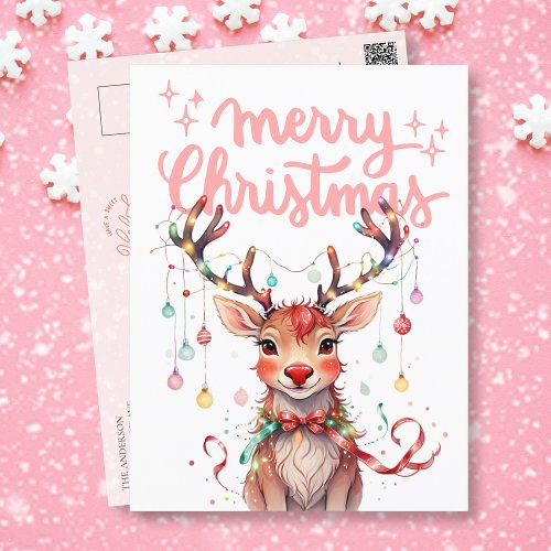 Watercolor Reindeer Rudolph and Christmas Lights  Postcard