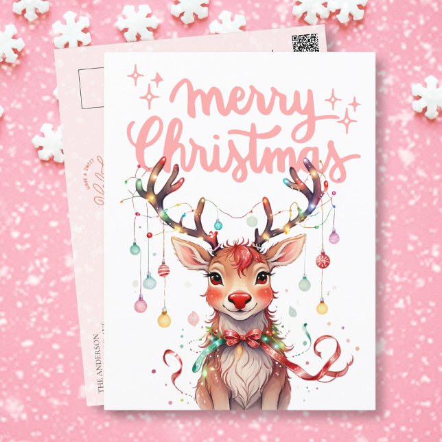 Watercolor Reindeer Rudolph and Christmas Lights  Postcard (Creator Uploaded)