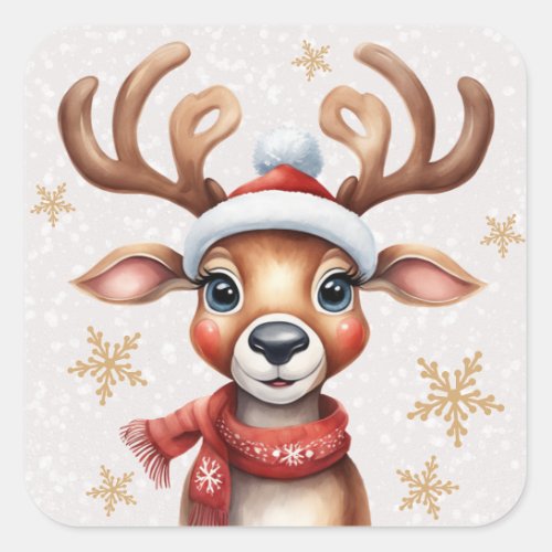 Watercolor Reindeer Snowy Christmas Square Sticker