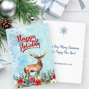 Watercolor reindeer typography Happy Holiday Card