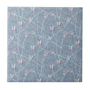 Watercolor Relief Butterflies on Denim Blue Linen Ceramic Tile