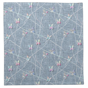 Watercolor Relief Butterflies on Denim Blue Linen Cloth Napkin