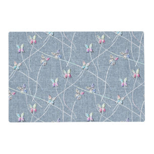 Watercolor Relief Butterflies on Denim Blue Linen Placemat