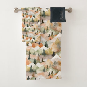 Watercolor Repeat Mountain Tree Boho Monogram Bath Towel Set