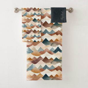 Watercolor Repeat Mountains Boho Monogram Bath Towel Set