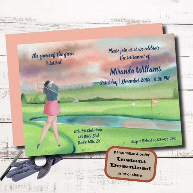 Watercolor Retired Golf Woman on the Green Invitation (Creator Uploaded)