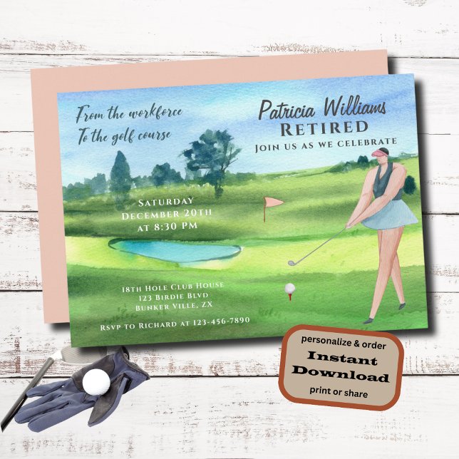 Watercolor Retired Golf Women On Golf Course Invitation (Creator Uploaded)