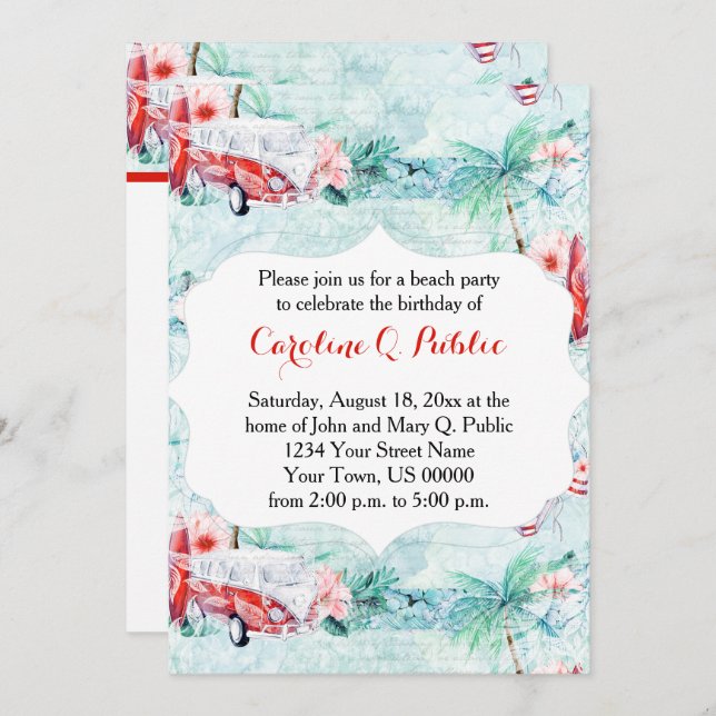 Watercolor Retro Beach Themed Party Invitation (Front/Back)