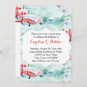 Watercolor Retro Beach Themed Party Invitation