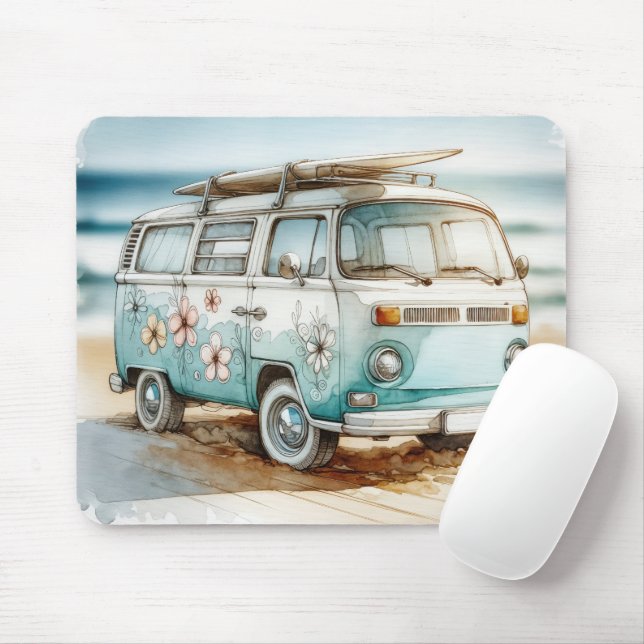 Watercolor Retro Campervan With Surfboard Mouse Pad (With Mouse)