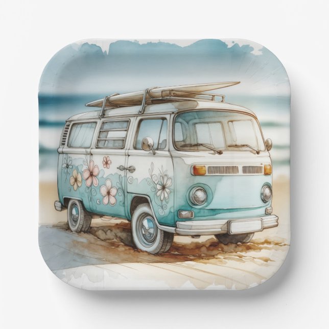 Watercolor Retro Campervan With Surfboard Paper Plates (Front)