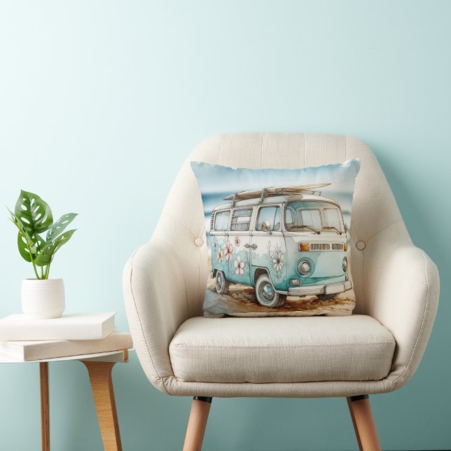 Watercolor Retro Campervan With Surfboard Throw Pillow (Chair)