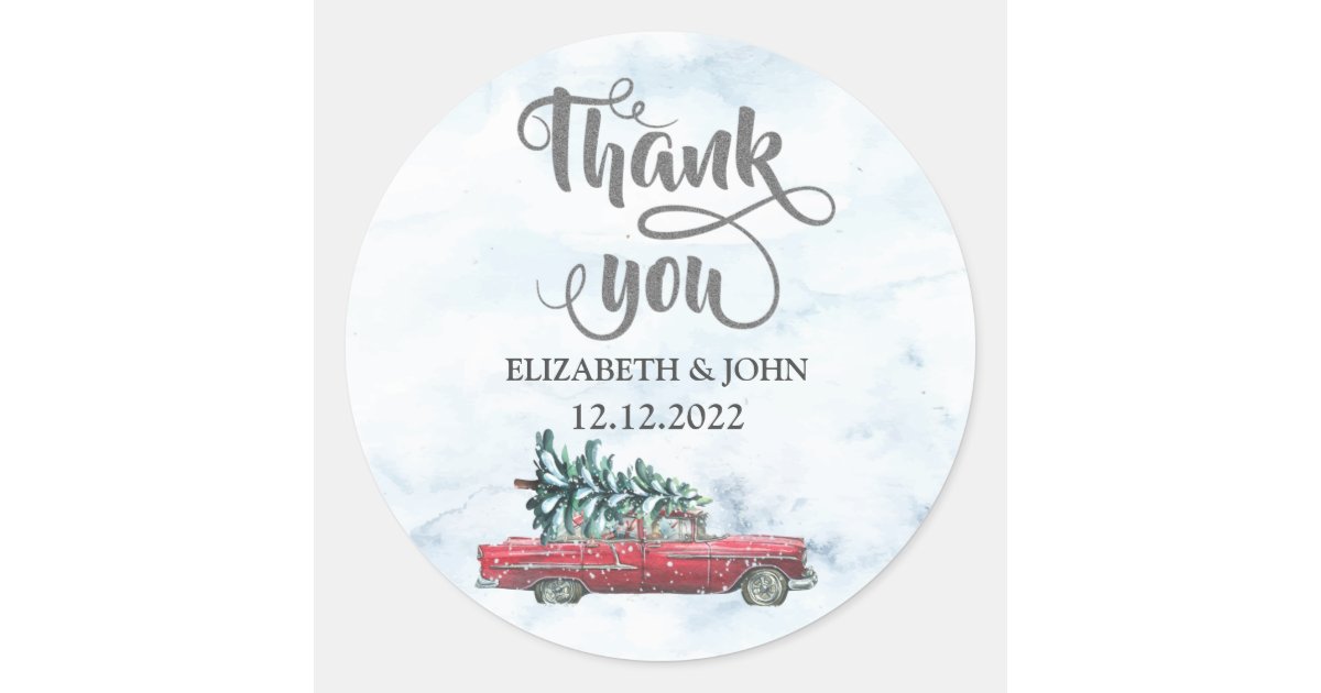 Watercolor Retro Car Pine Tree Thank You Classic Round Sticker | Zazzle