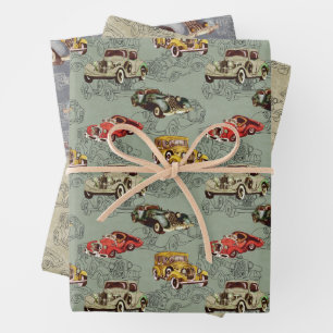 Watercolor Retro Cars Pattern Wrapping Paper Sheets