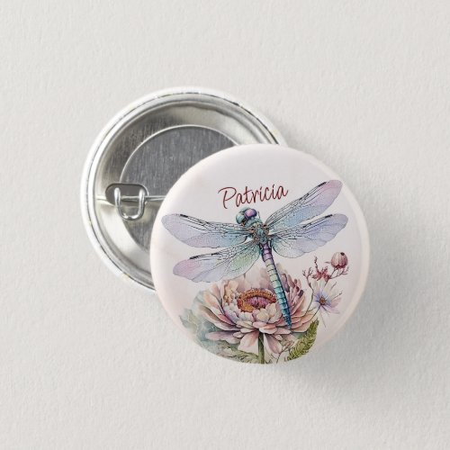Watercolor Retro Dragonfly and Peony Flower Button