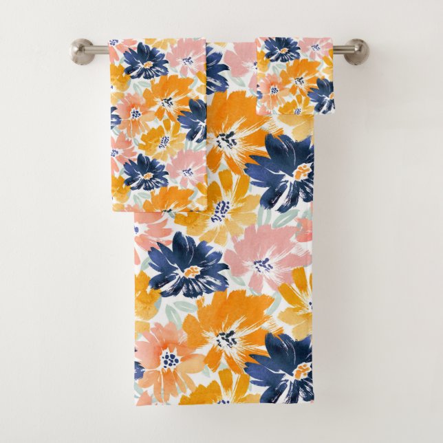Watercolor Retro Floral Pattern Bath Towel Set (Insitu)
