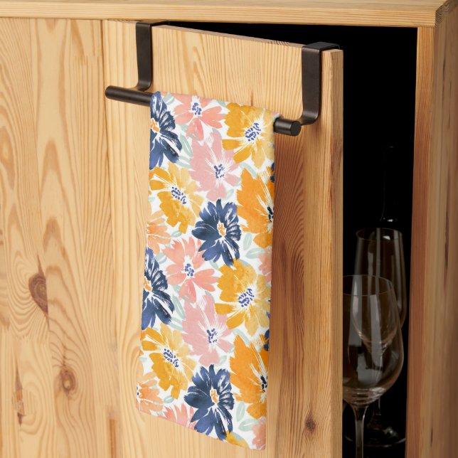 Watercolor Retro Floral Pattern Kitchen Towel (Thirds Fold)