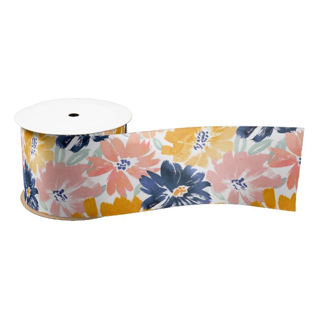 Watercolor Retro Floral Pattern Satin Ribbon (Spool)