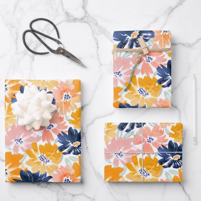 Watercolor Retro Floral Pattern Wrapping Paper Sheets (Front)