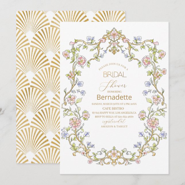  Watercolor retro flowers  gold  Bridal Shower Invitation (Front/Back)