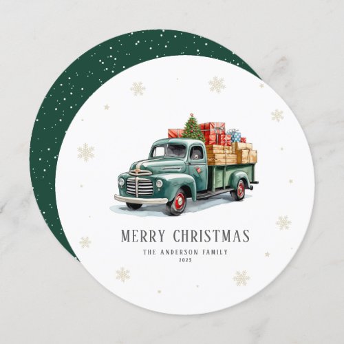 Watercolor Retro Green Truck Merry Christmas Card