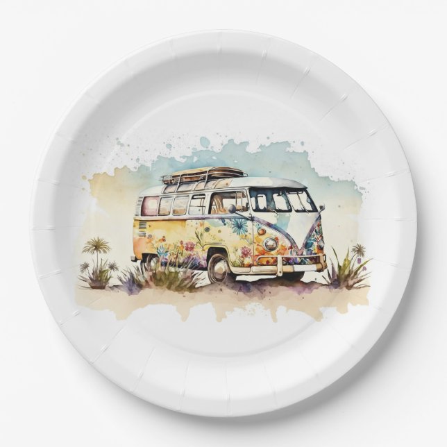 Watercolor Retro Hippie Bus With Flowers Paper Plates (Front)