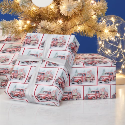 Watercolor Retro Red Truck In Snowflakes Wrapping Paper