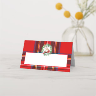Watercolor Retro Santa Red Stewart Plaid Christmas Place Card