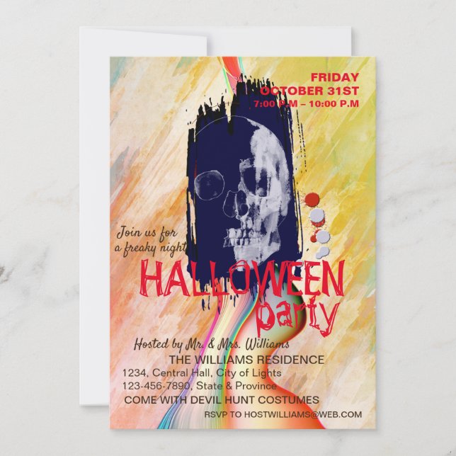 Watercolor Retro Skull Skeleton Halloween Art Invitation (Front)
