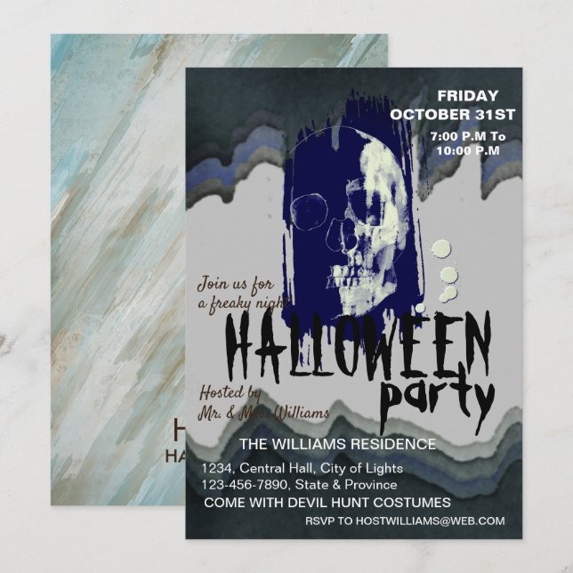 Watercolor Retro Skull Skeleton Halloween Art Invitation (Front/Back)