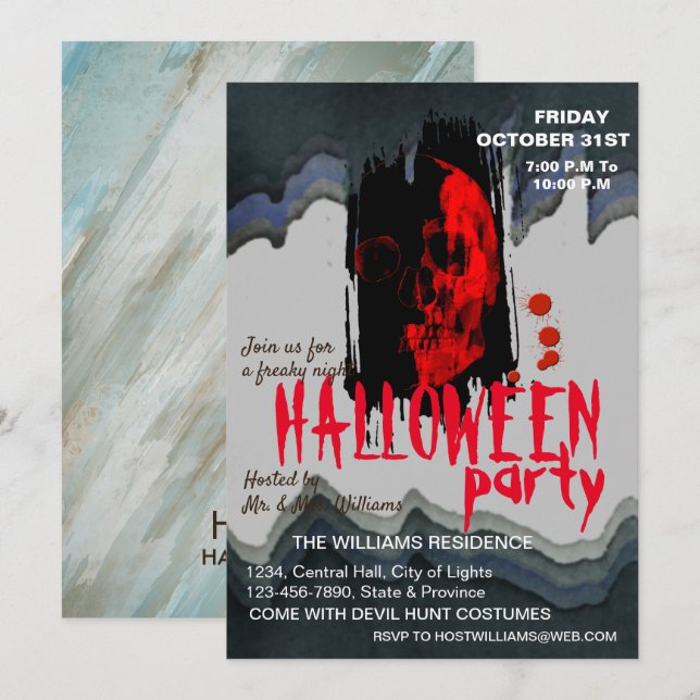 Watercolor Retro Skull Skeleton Halloween Art Invitation (Front/Back)