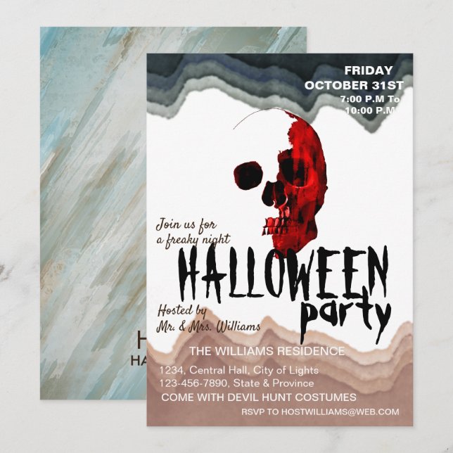 Watercolor Retro Skull Skeleton Halloween Art Invitation (Front/Back)