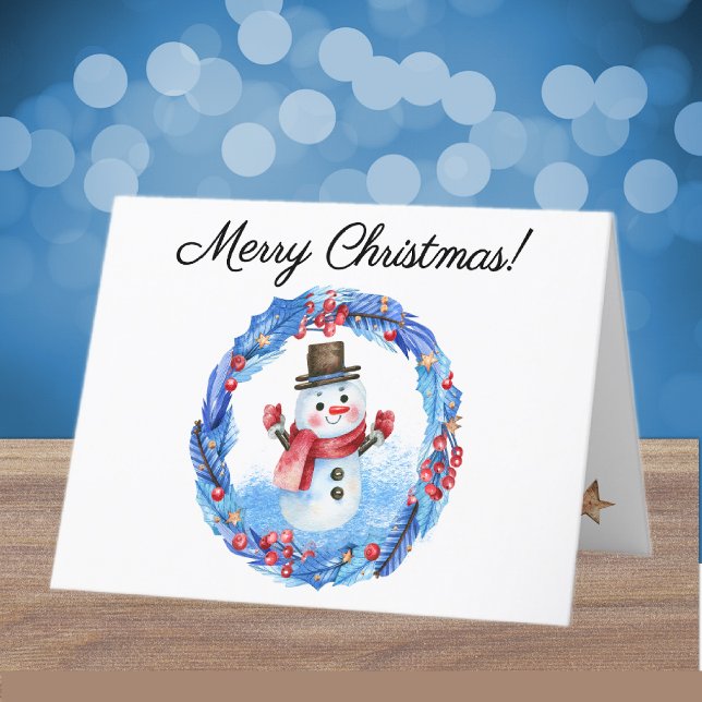 Watercolor Retro Snowman Wreath Merry Christmas Holiday Card (Creator Uploaded)