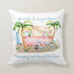 Watercolor Retro Vintage Camper Beach Scene Throw Pillow