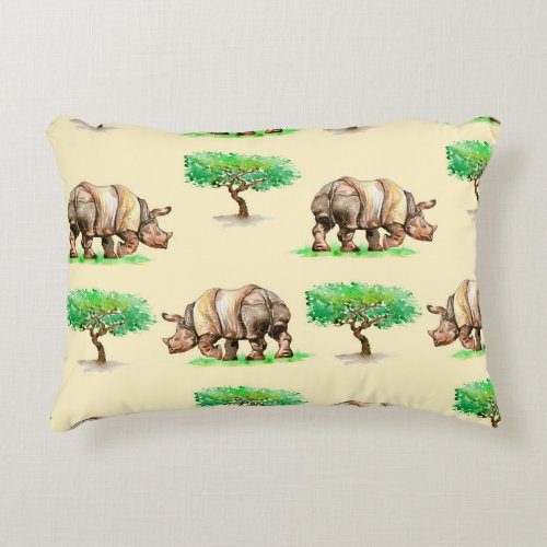 Watercolor Rhino Hand Painted Pattern Accent Pillow